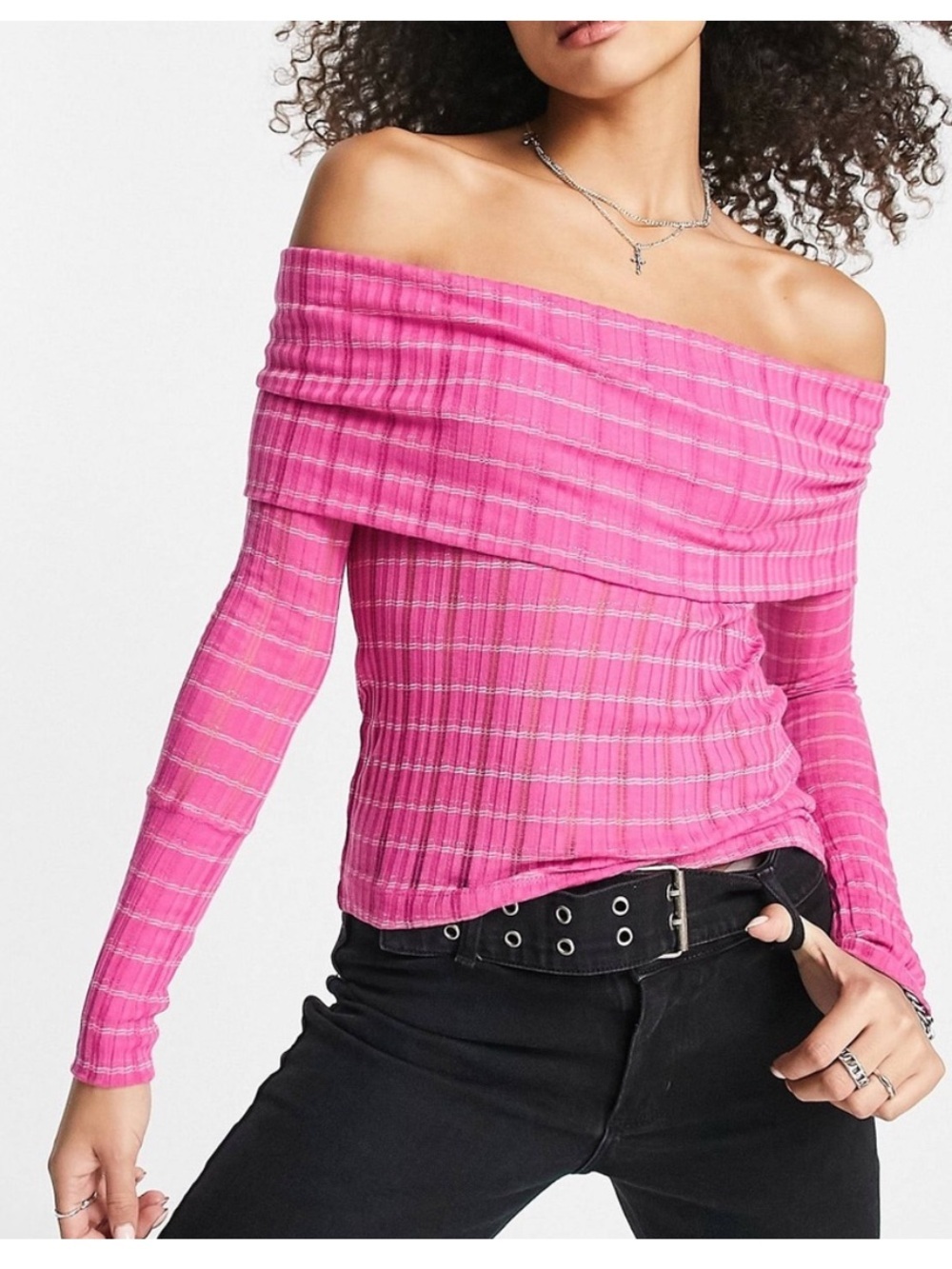 FREE PEOPLE Snowbunny Ribbed Off The Shoulder Top Pink size small - Picture 2 of 12